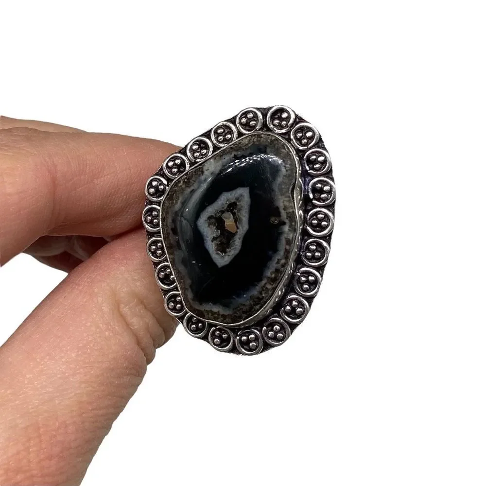 Black Druzy Botswana Agate Geode Ring 925 Sterling Silver Overlay Size 7.5